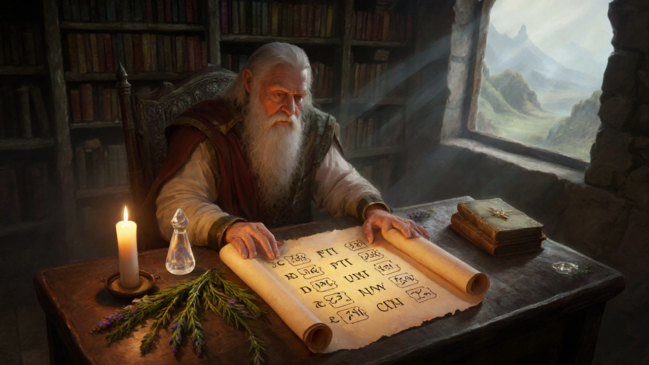 Cleric reviewing illuminated scroll with clotting test numbers.