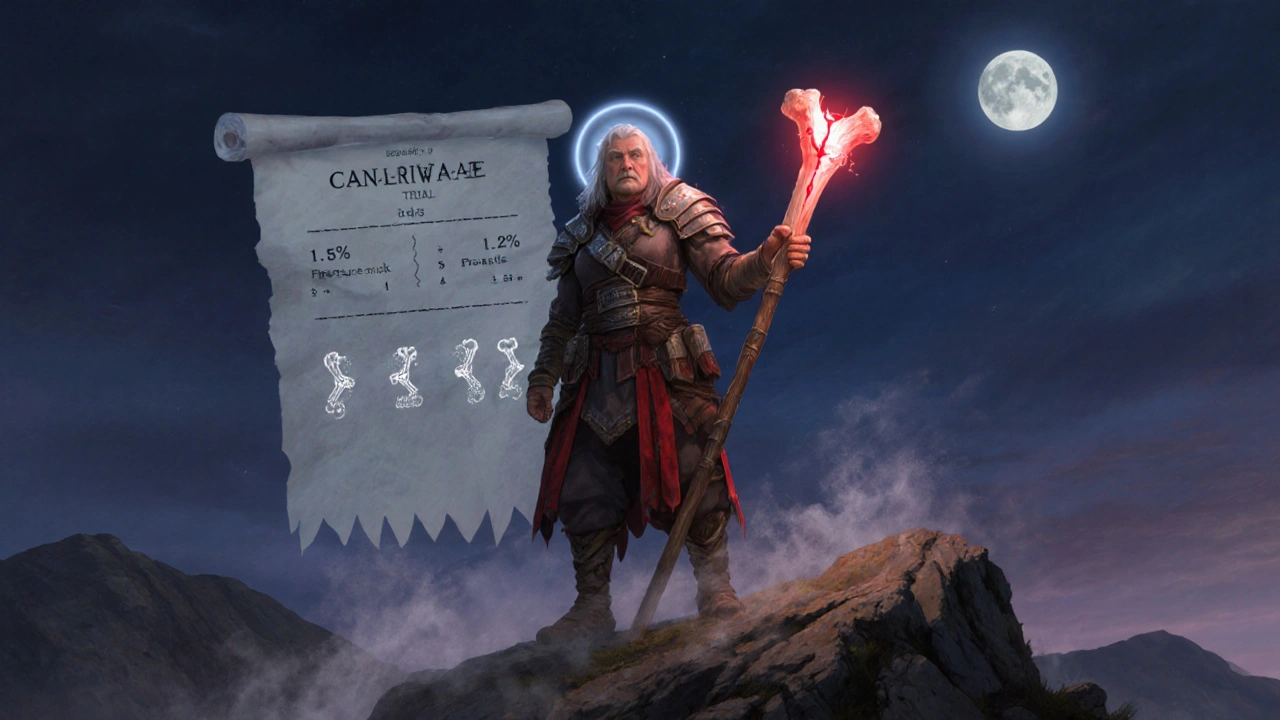 Elderly female warrior holding cracked bone staff with trial data overlay at dusk.