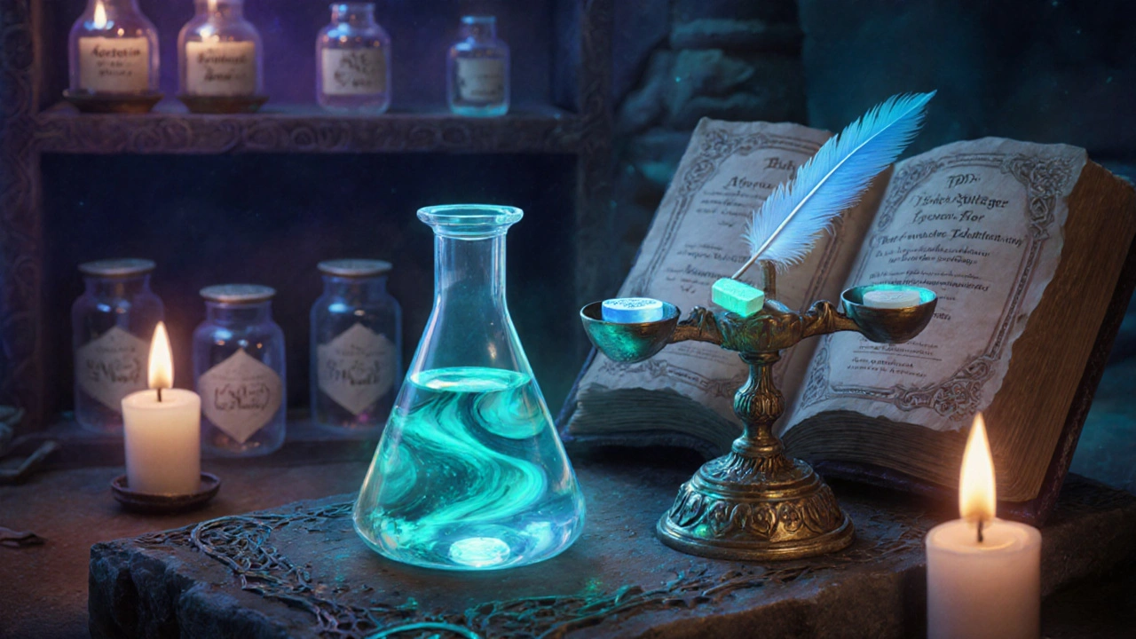 Glowing vial and crystal scale illustrate therapeutic drug monitoring in an alchemy lab.