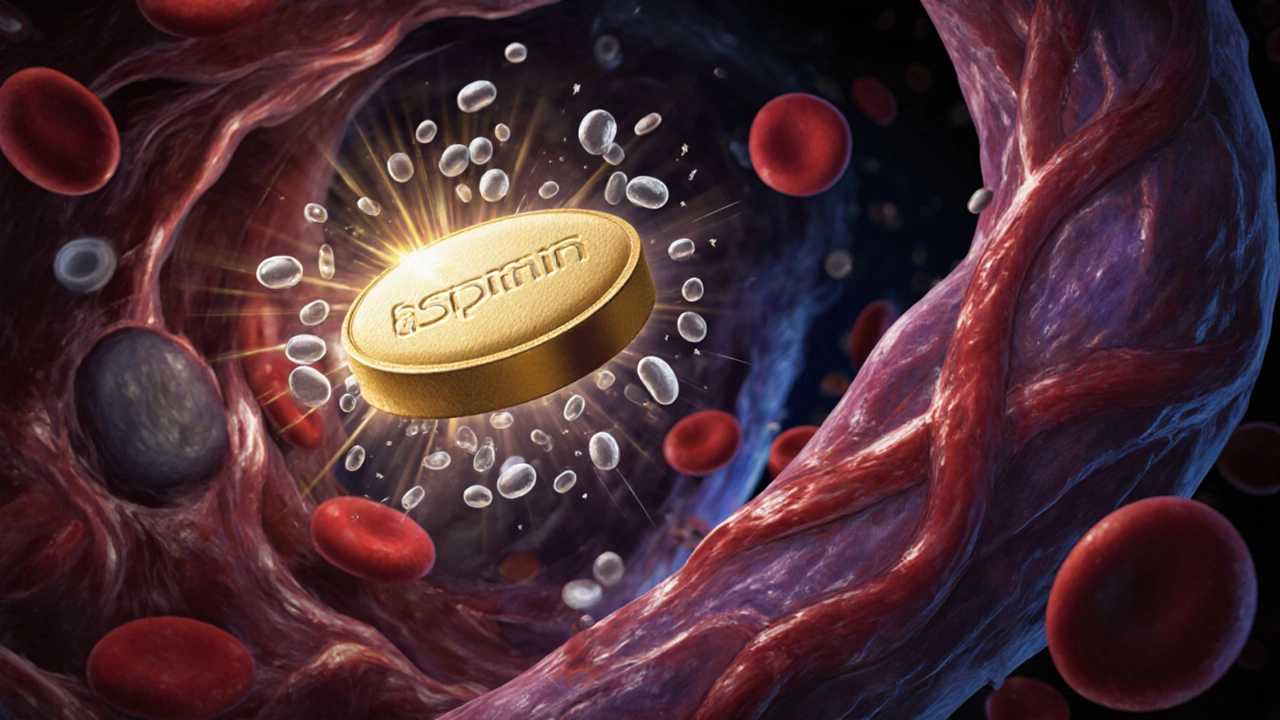 Golden aspirin tablet floats in a blood stream, dispersing platelets near twisted leg veins.