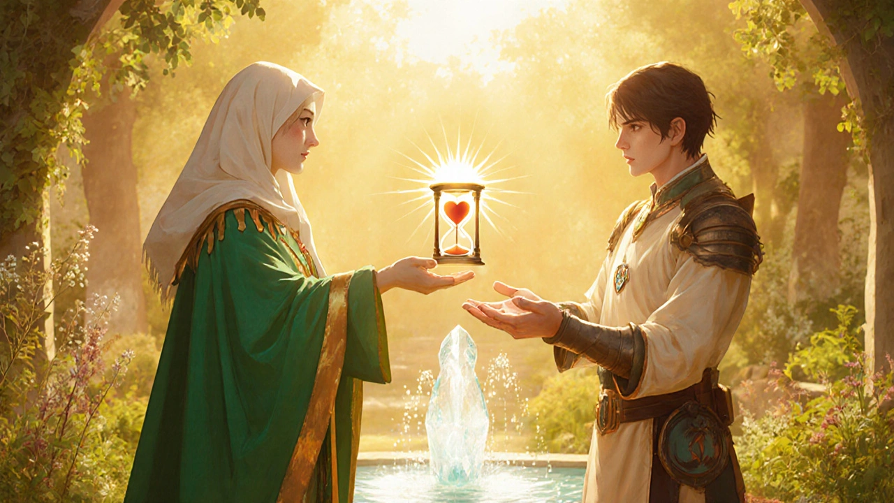 Hero and healer exchange a sunrise hourglass in a warm clinic garden, symbolizing dose adjustment.