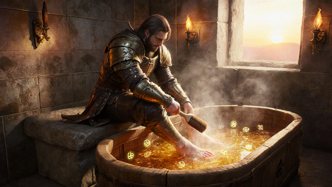 Hero soaking feet in glowing vinegar bath with brush and steam.