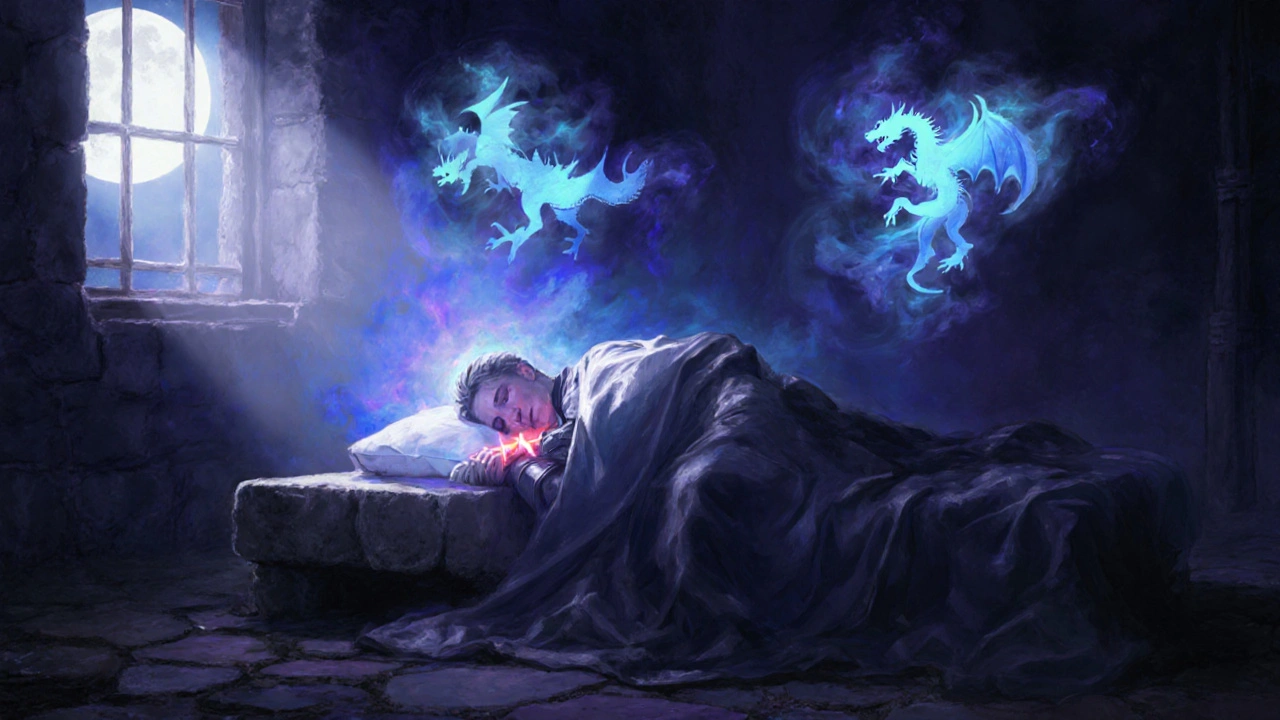Knight lies on a stone bed at night with a slow heart aura and surreal dream spirits.