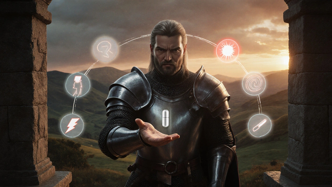 Knight receiving glowing tablet with subtle side effect icons behind him.