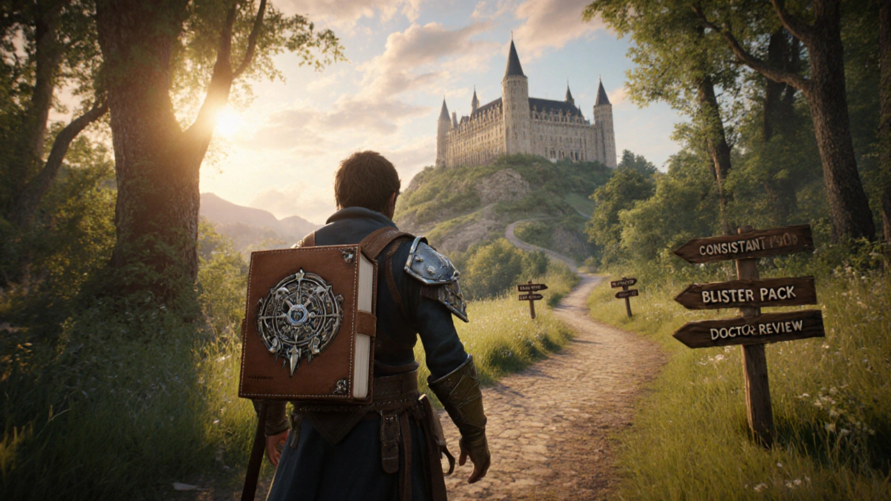 Patient walks a path with a dosing diary, passing signs for medication management steps.