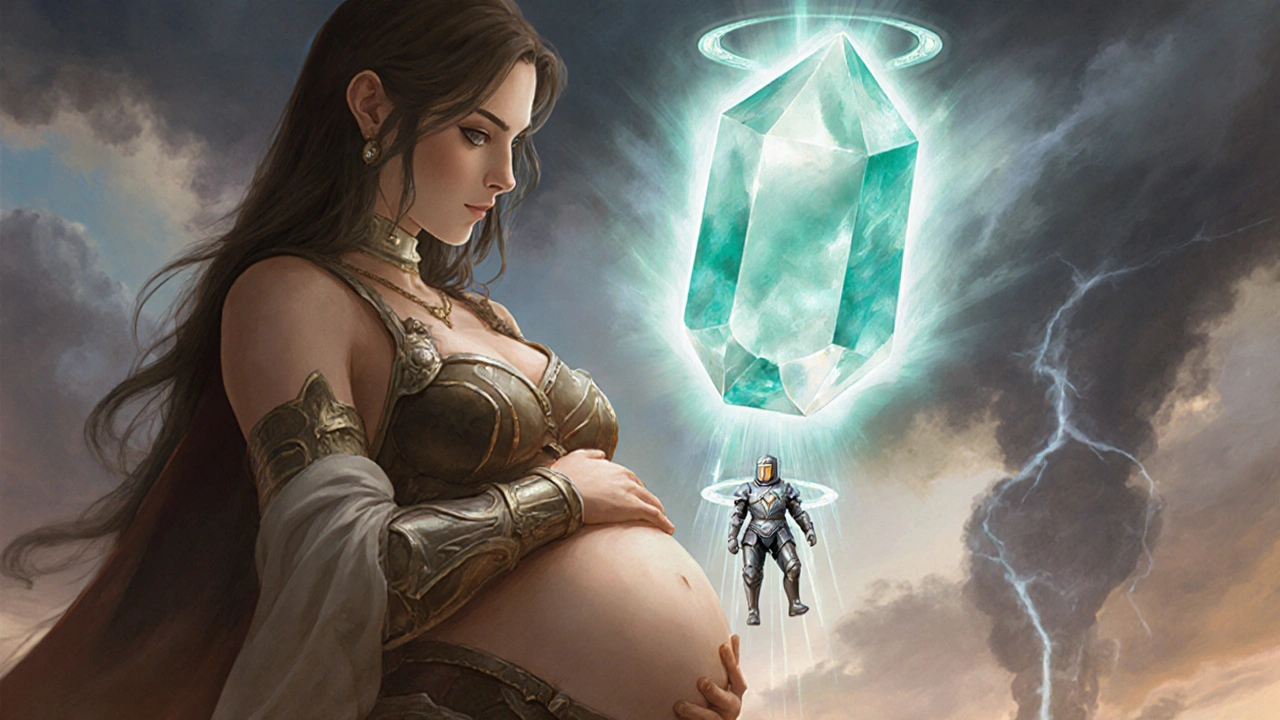 Pregnant woman with glowing crystal placenta supporting a tiny armored fetus.