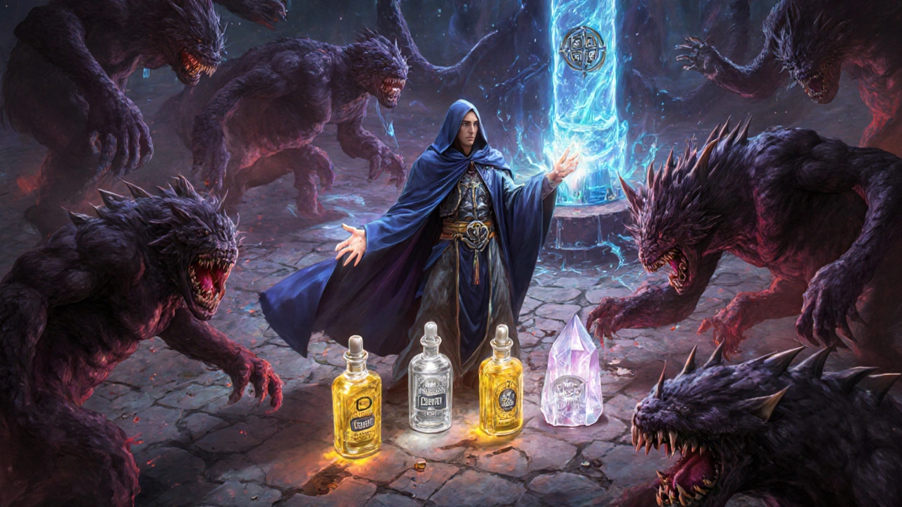 RPG battle scene showing a healer battling phosphate monsters with vitamin D and calcimimetic potions.