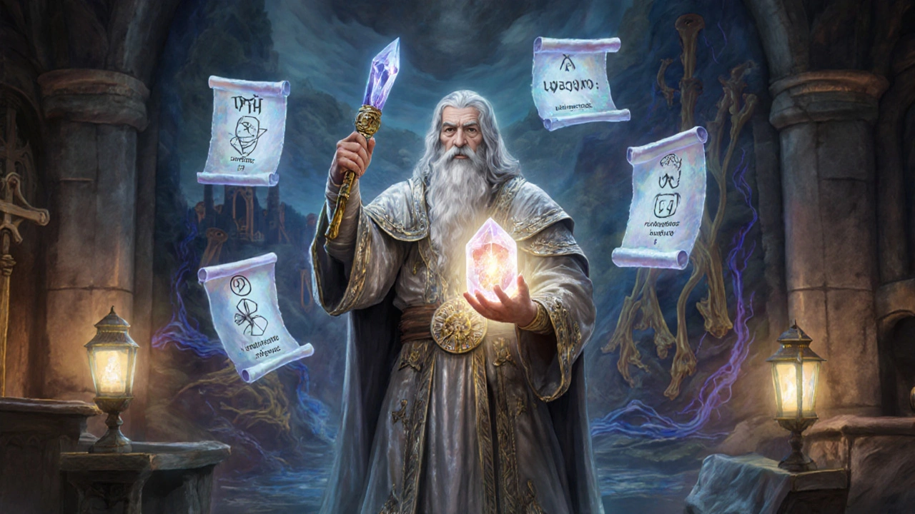 RPG illustration of a mage surgeon removing glowing parathyroid crystals while monitoring lab scrolls.