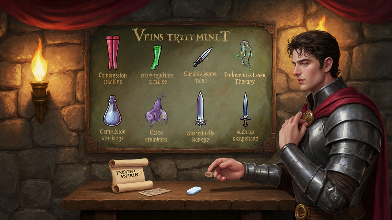 Tavern notice board displays icons for compression stockings, sclerotherapy, laser therapy, and a bronze aspirin tablet.