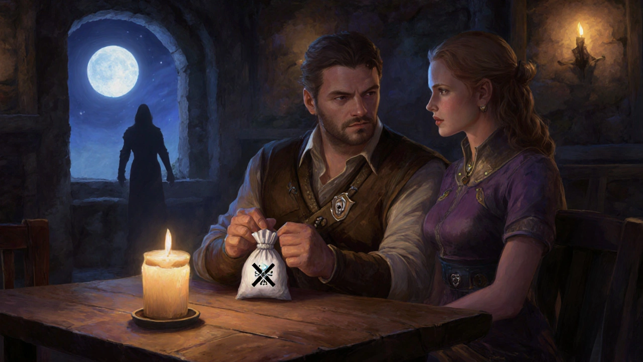 Tavern scene of a confident man and partner with safety symbols.