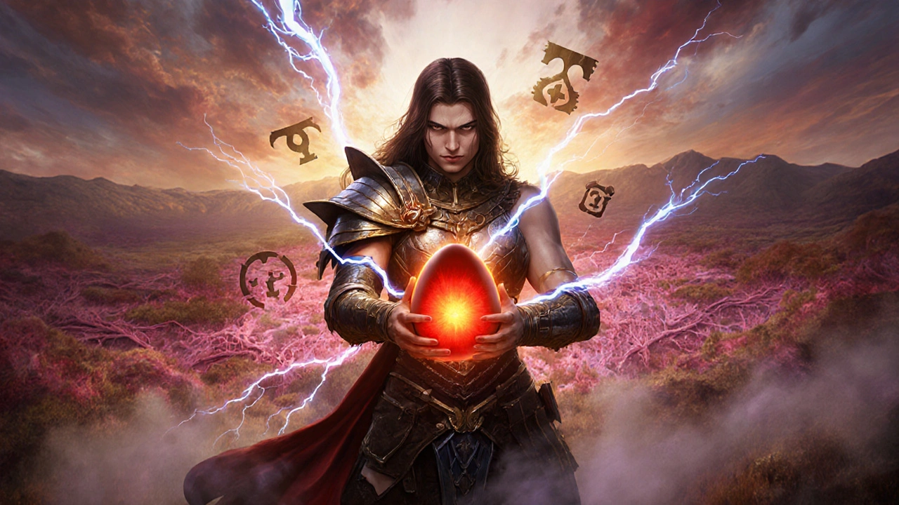 Warrior holding radiant egg orb with lightning, indicating ovulation and fertile uterus.