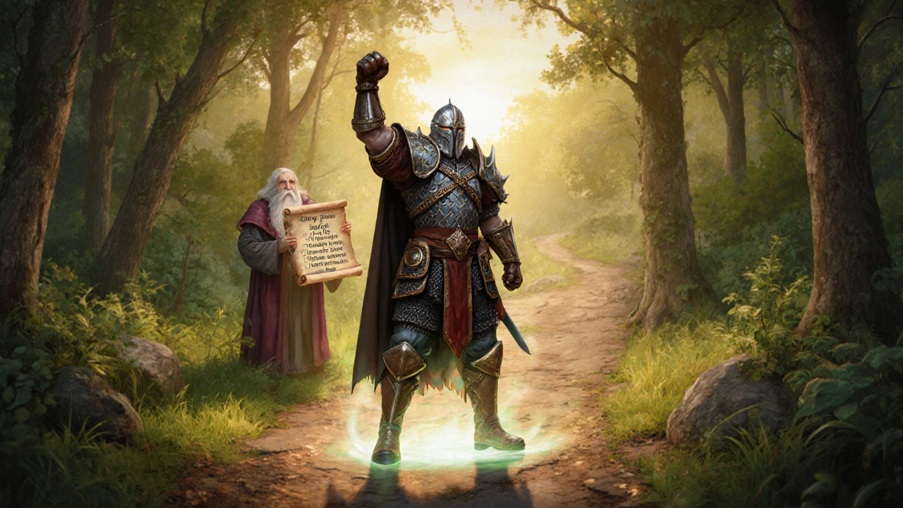 Warrior with healthy feet, sage holding foot‑care scroll, triumph scene.