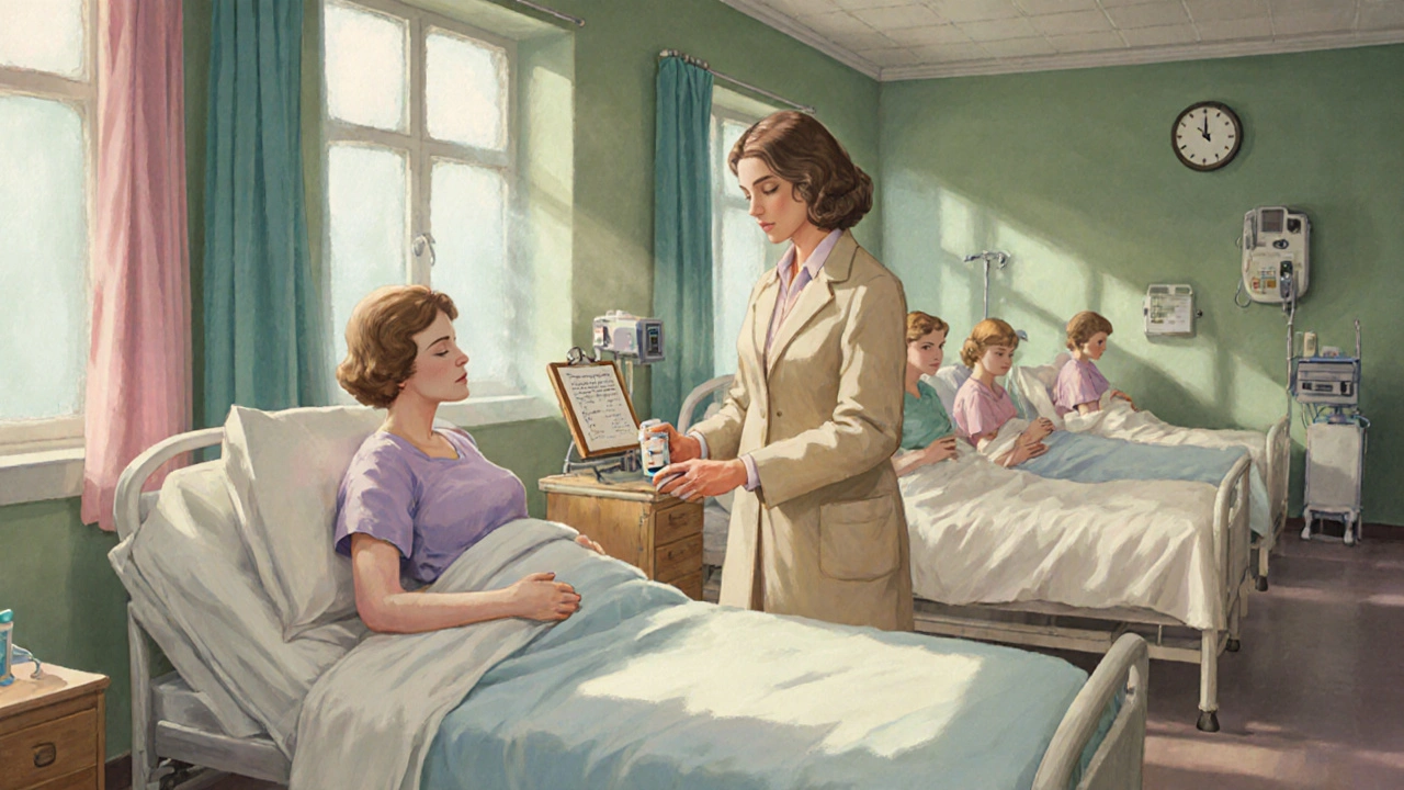 1960s hospital ward shows doctor giving dydrogesterone tablets to pregnant patient.
