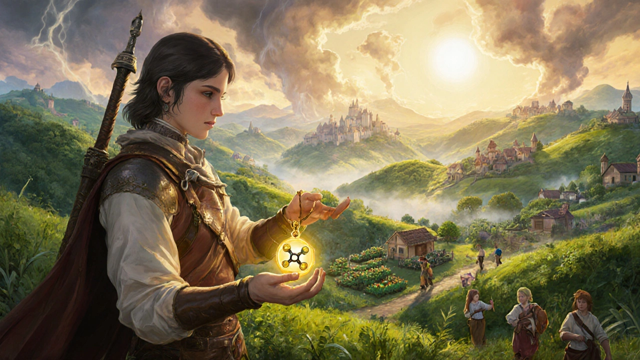 Adventurer holding a UDCA amulet in a thriving liver kingdom landscape.