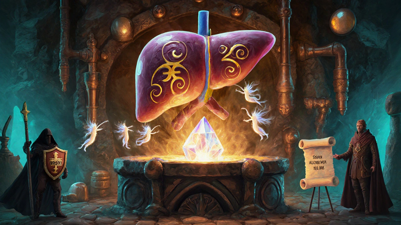 Alchemical forge liver with enzyme sprites processing a tablet, alcohol figure nearby.