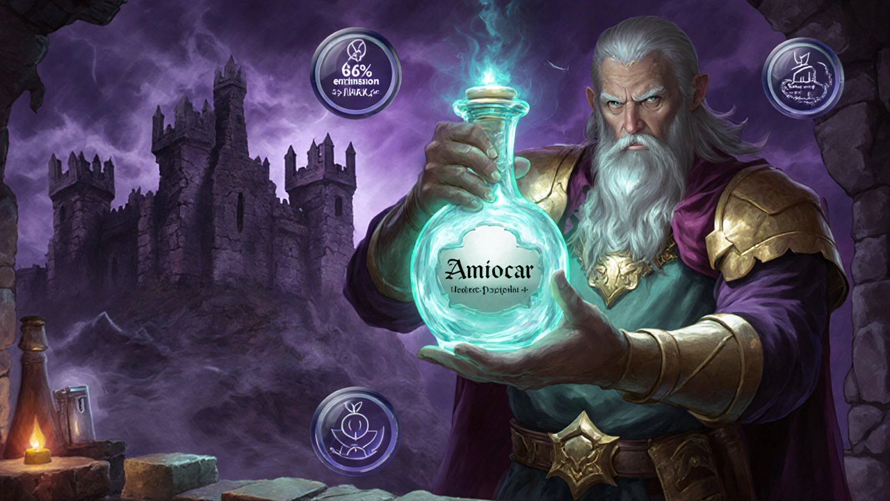 Alchemist holding a glowing Amiocar vial that heals a dark castle representing ulcerative colitis.