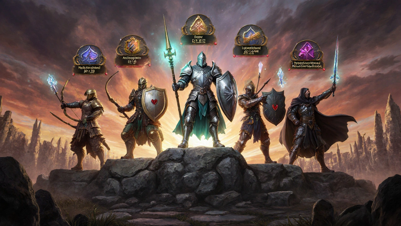 Battlefield of medication heroes, Alpress as a knight with shield and lance among other drug figures.