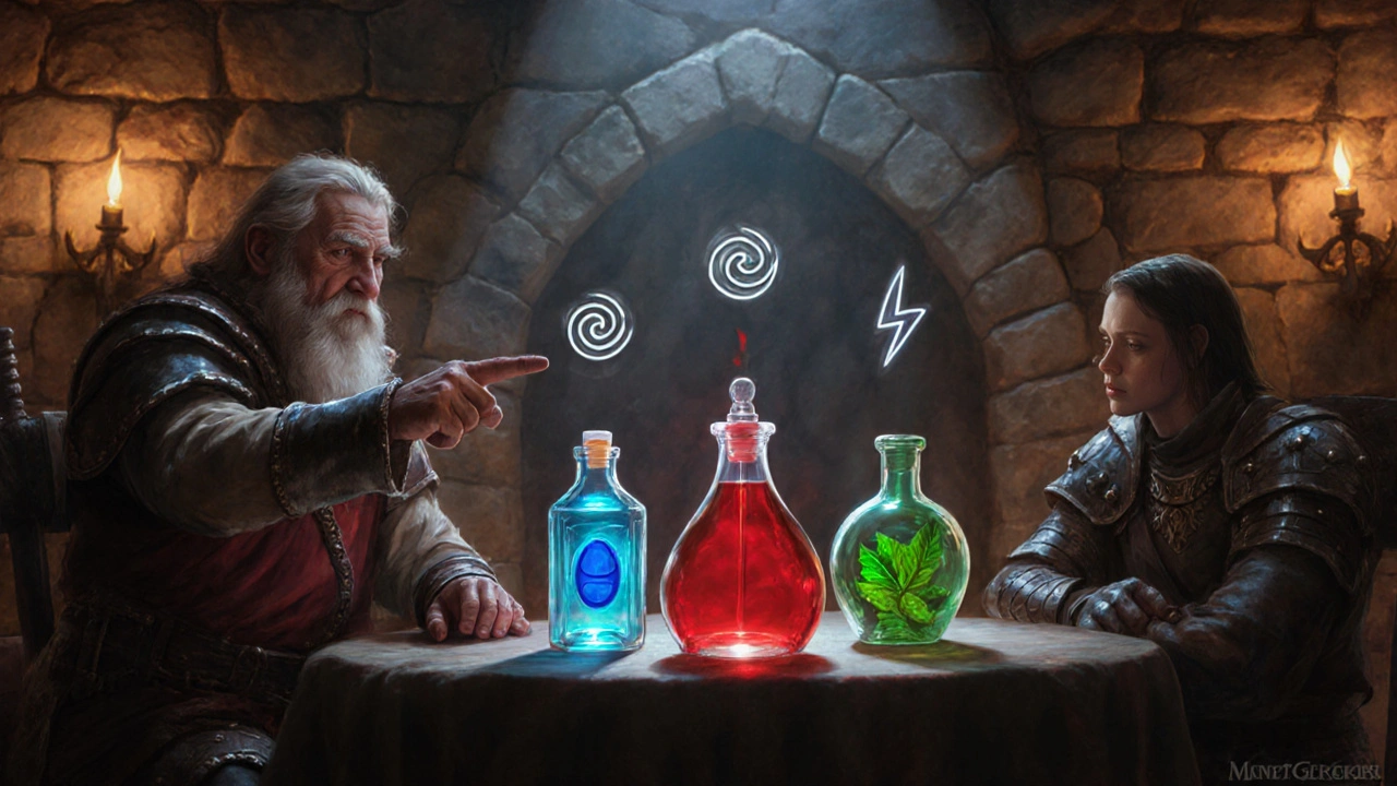 Council scene with three luminous potion bottles and healer advising a warrior.