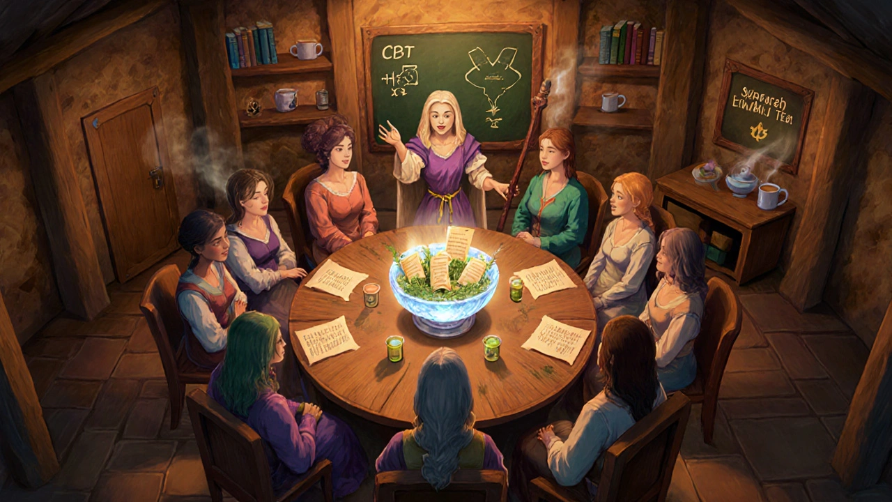 Cozy tavern circle of women sharing scrolls and potions, guided by a wise facilitator.