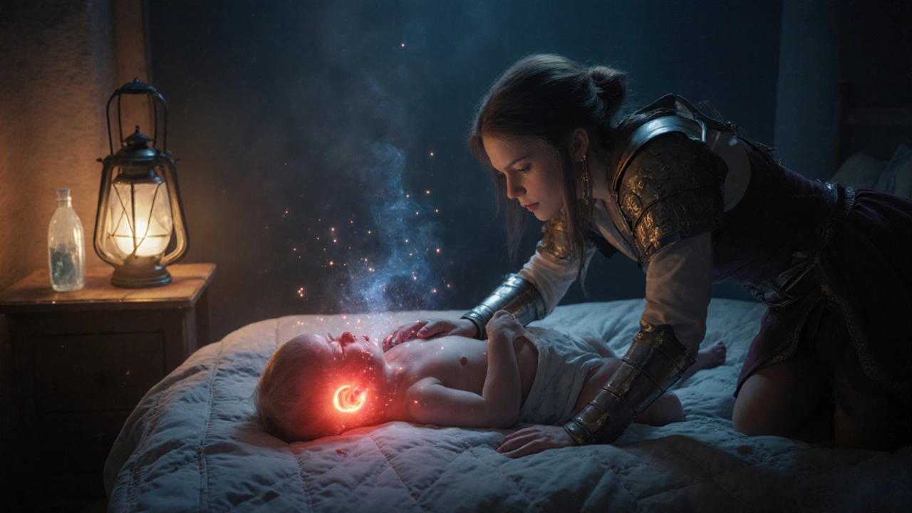 Crying infant with red inflamed ear and fever aura, mother looking concerned.