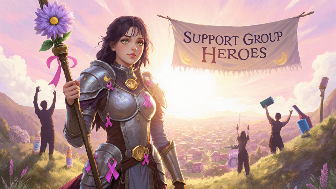 Emma the adventurer on a hilltop with sunrise, holding a lavender staff, supported by peers.
