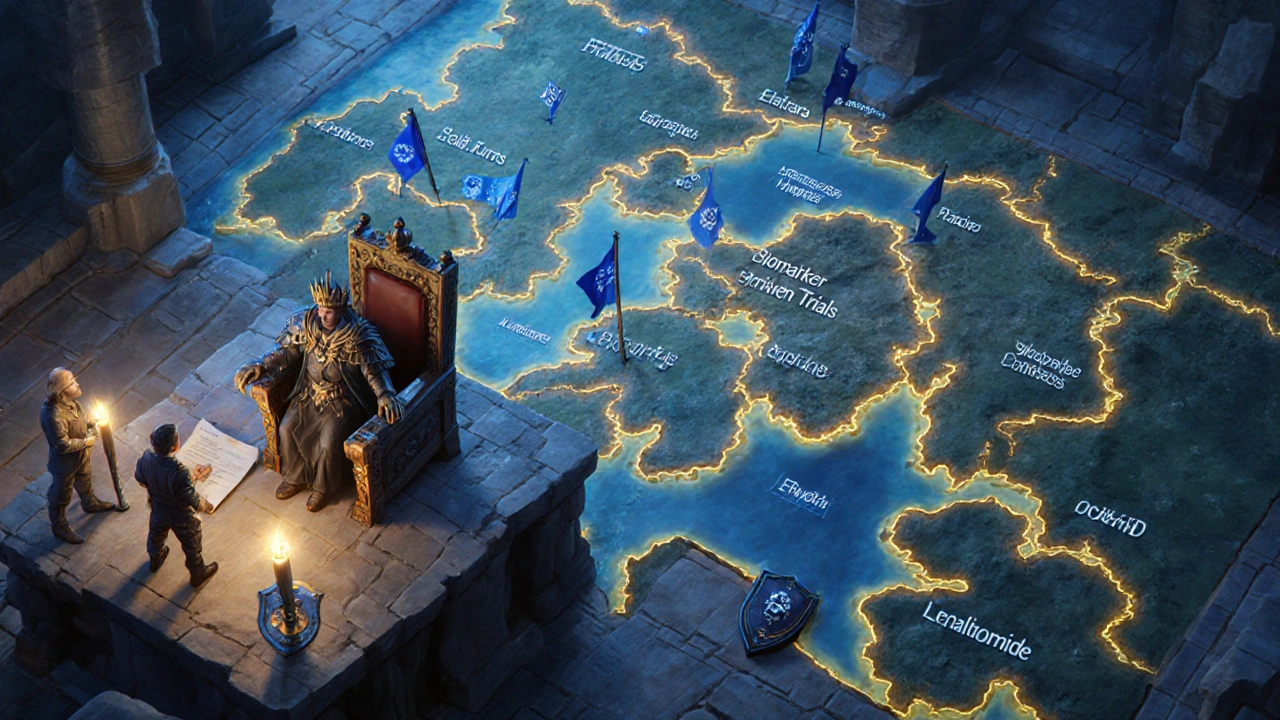 Fantasy map showing lenalidomide's expanding territories and future approvals.