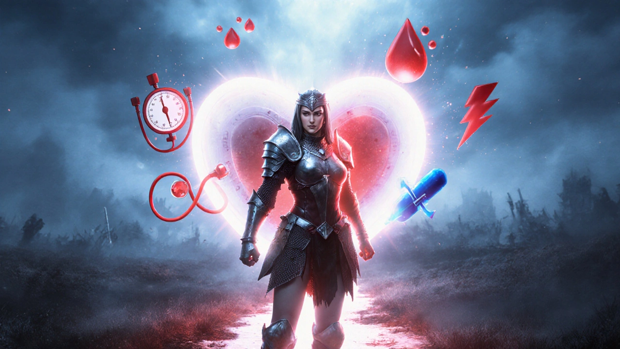 Female knight stands before a glowing heart shield with floating blood pressure and cholesterol icons.