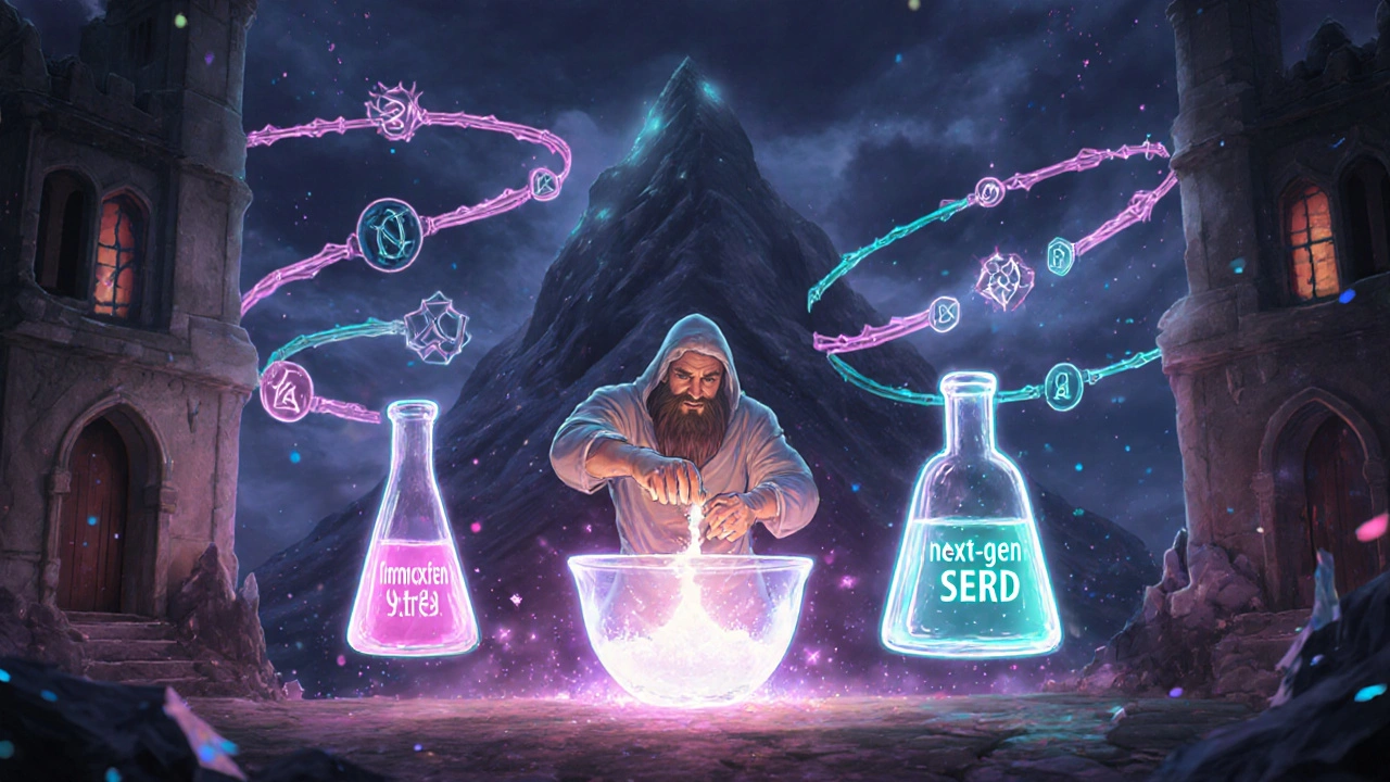 Futuristic alchemy lab where tamoxifen mixes with immunotherapy and SERD potions.