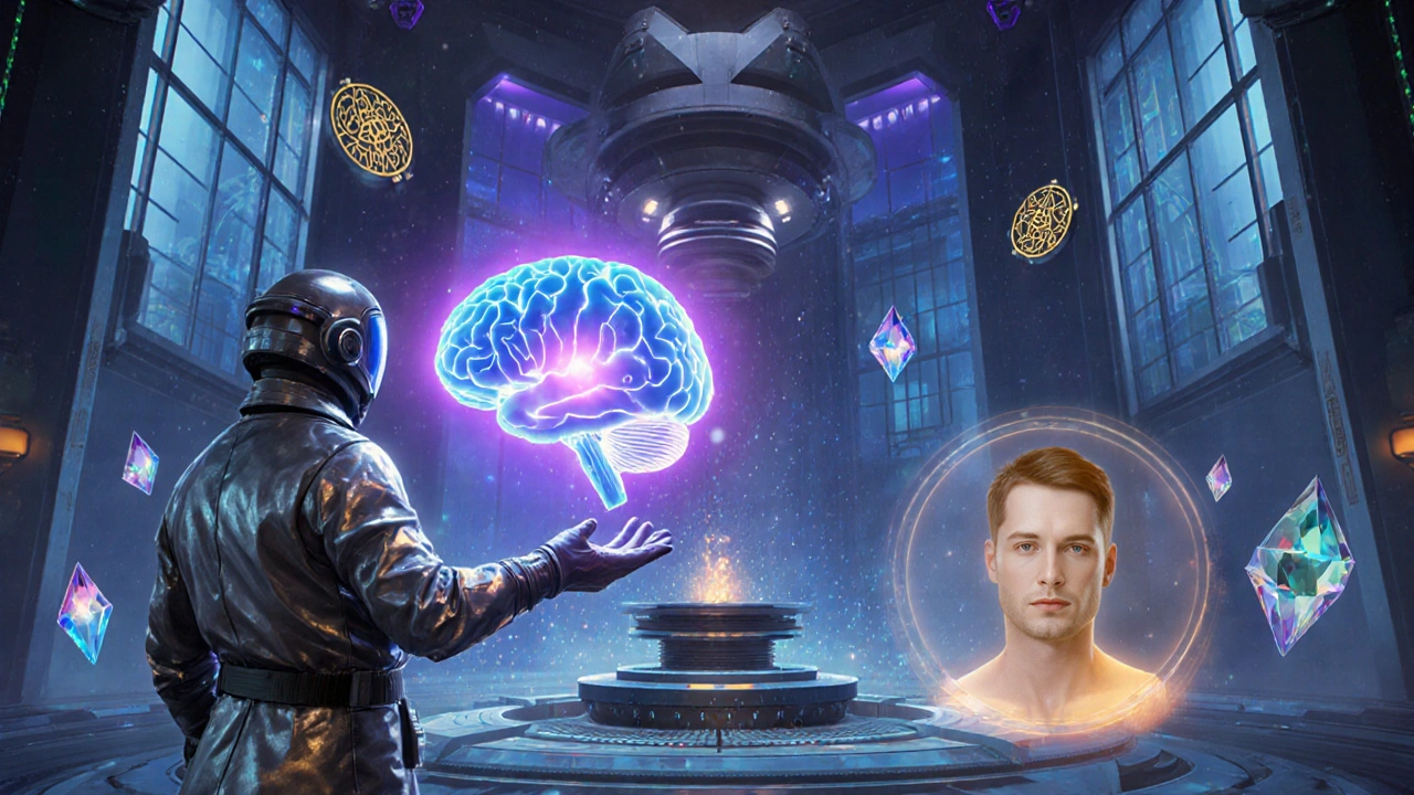 Futuristic lab displays glowing brain model and male patient with hormonal research.