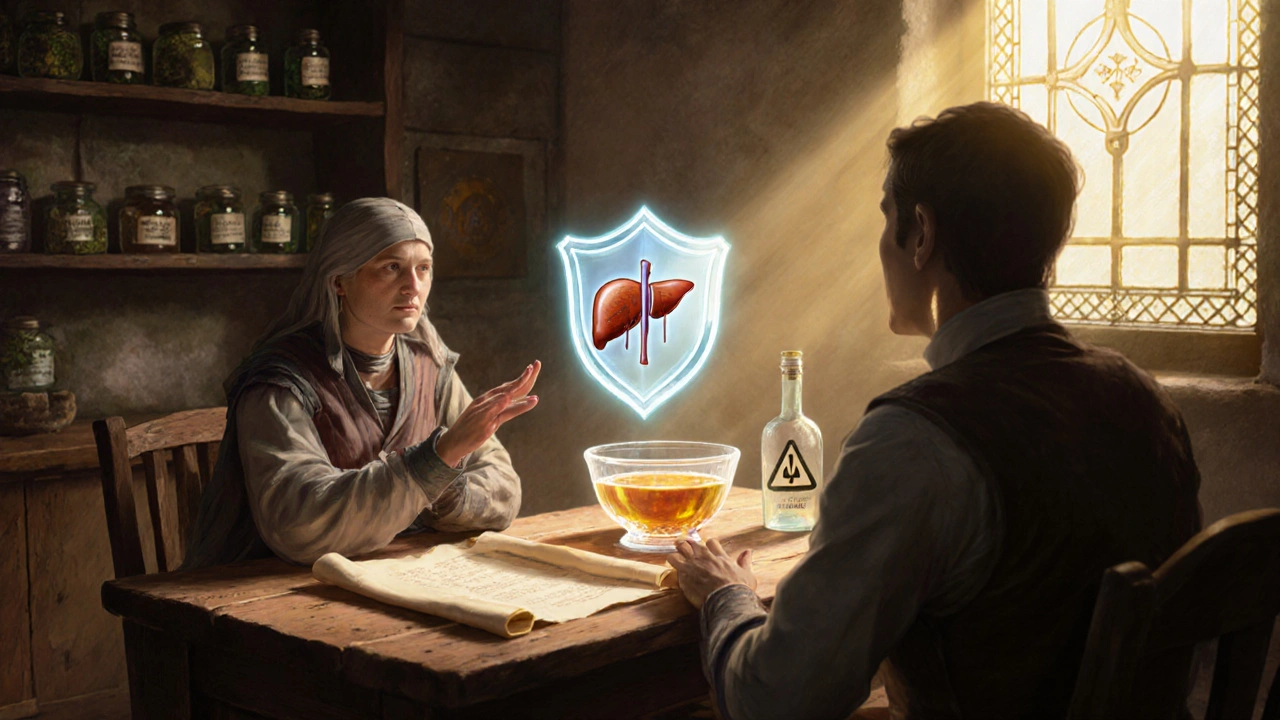 Healer and patient discussing liver health, shield with liver emblem glows above.