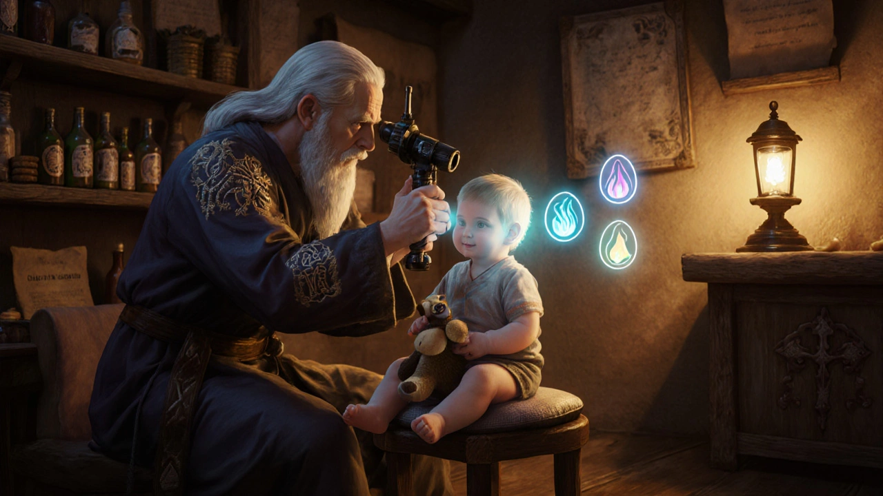 Healer examines baby's ear with a glowing tool in a medieval clinic.