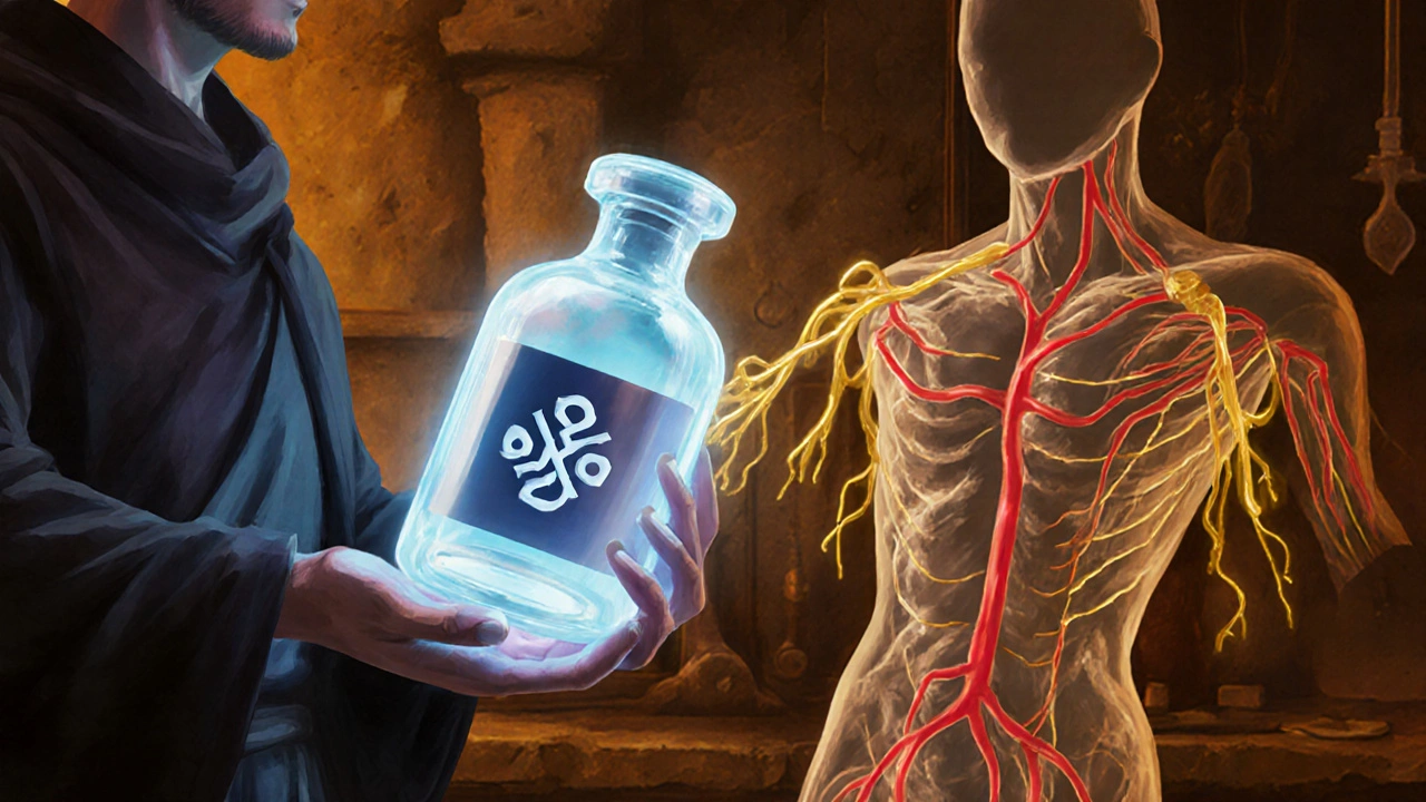 Healer holding glowing crystal vial as stylized vessels contract around a torso silhouette.
