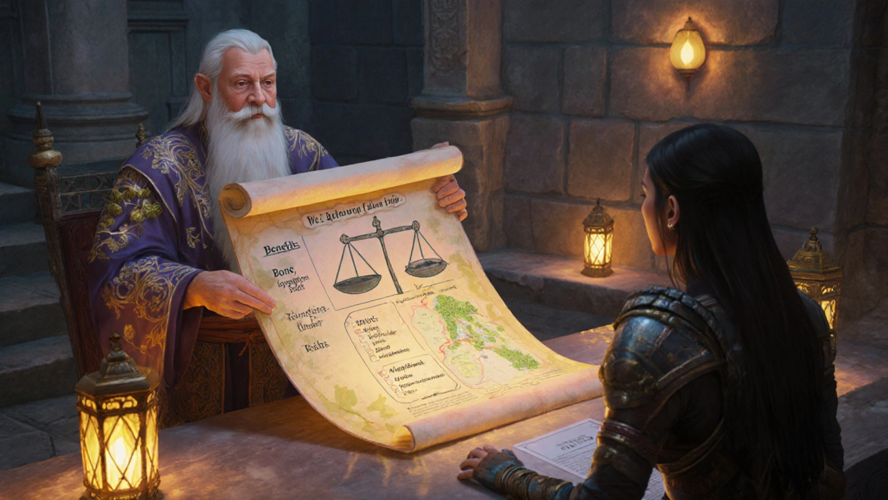 Healer shows a scroll with dosage, risk‑benefit scale, and timing map to a warrior in a stone hall.