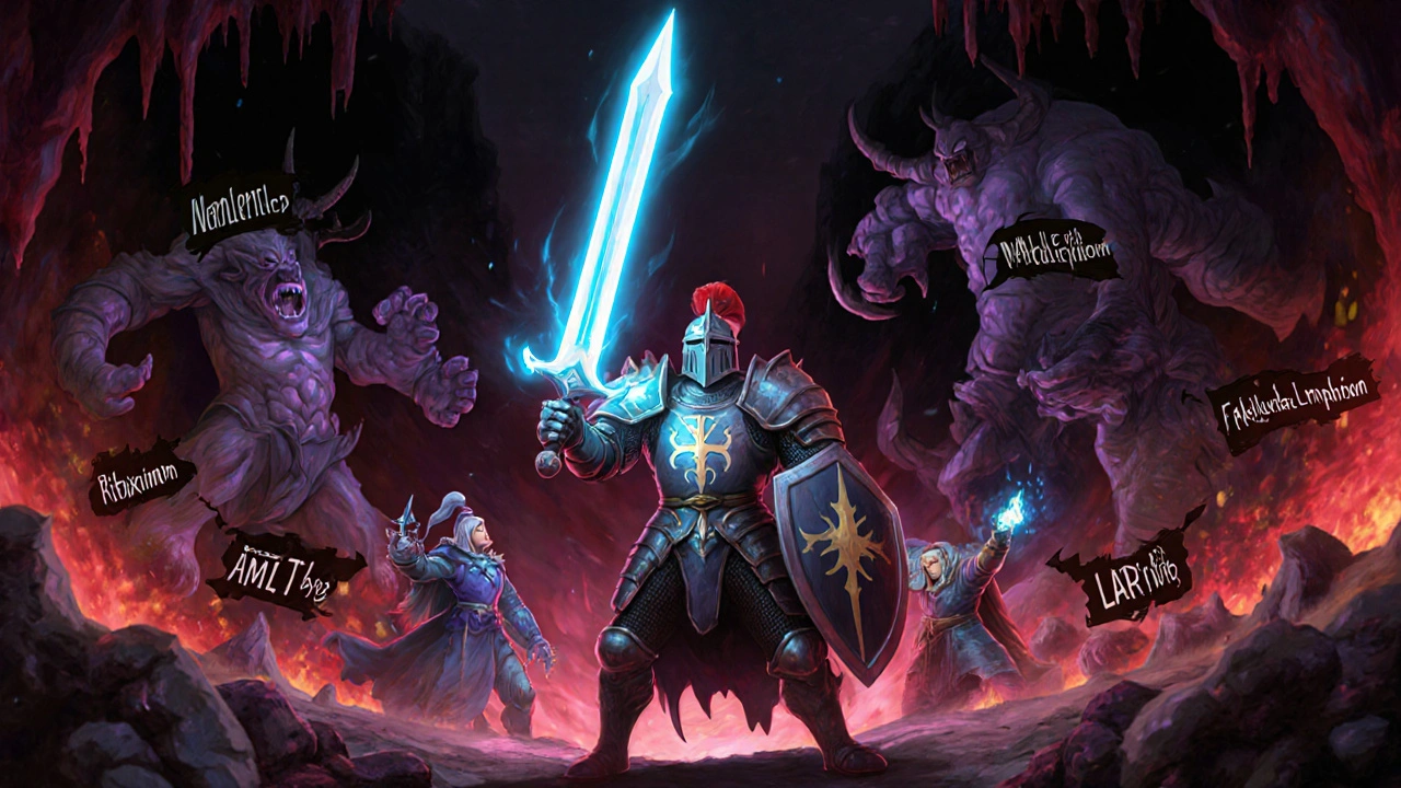 Knight with allies battling blood‑cancer monsters, representing drug combos.