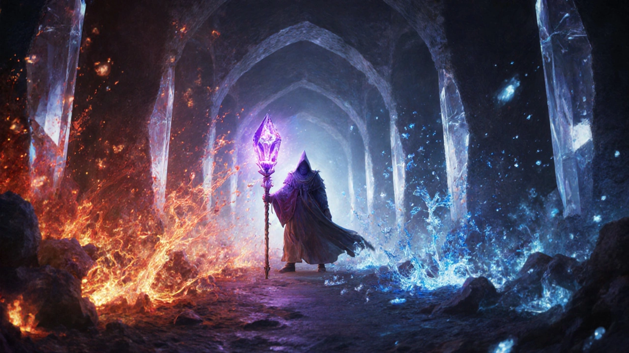 Neural cavern battle between red dopamine sprites and blue glutamate sprites.