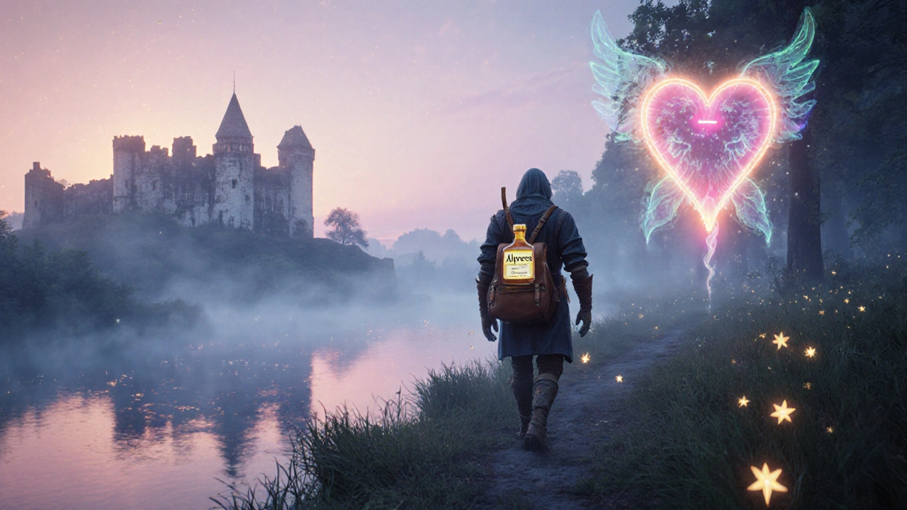 Patient walking by a sunrise river holding an Alpress potion, heart spirit glowing nearby.