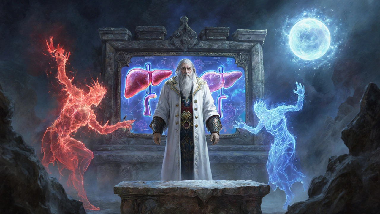 Physician‑wizard battling inflammation spirits with UDCA guardians over a liver map.