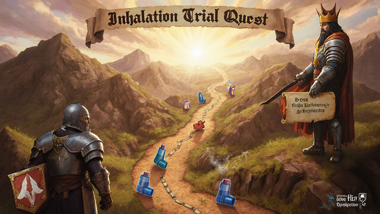Quest map showing Phase I‑III trial stages with inhaler devices and regulator knights.