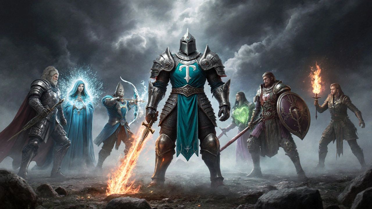 RPG party of therapy characters gathers around Tamoxifen hero on battlefield.