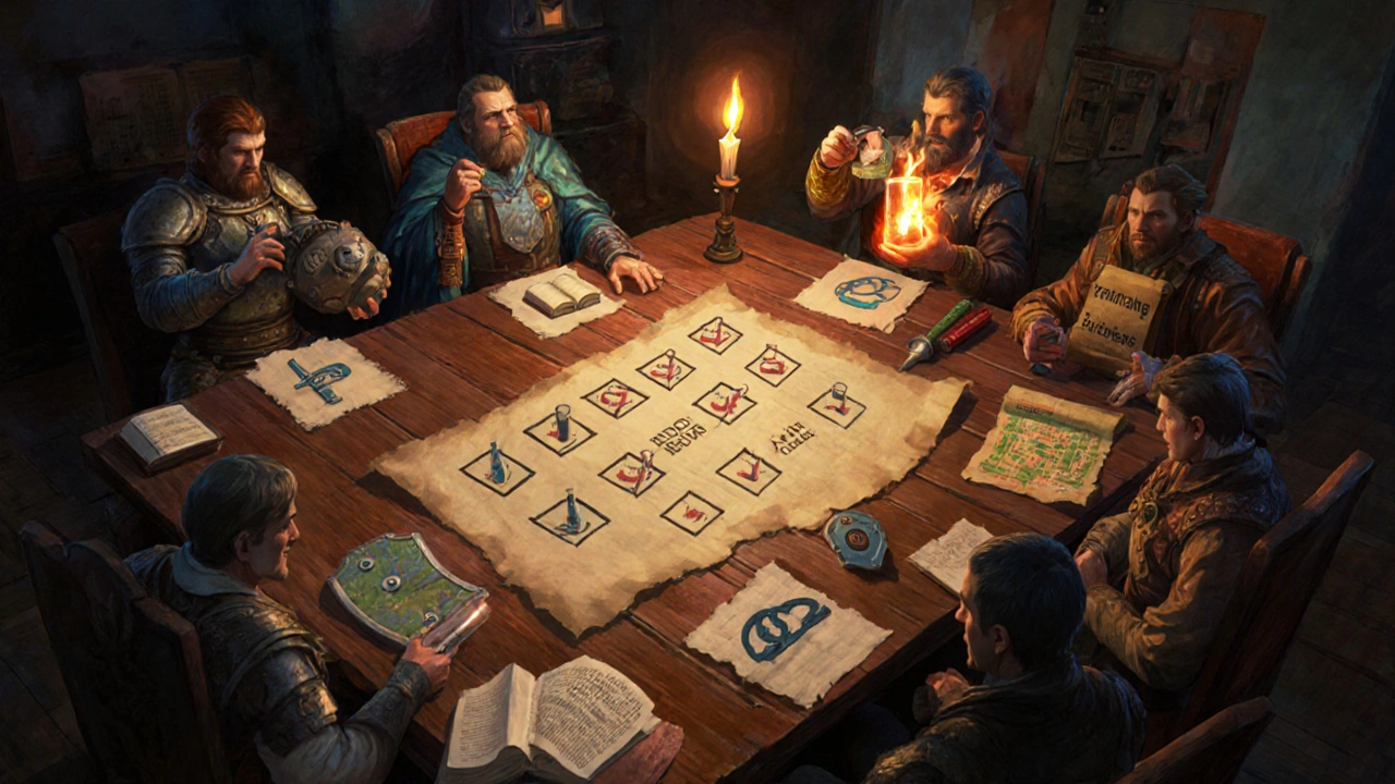 War council table with checklist icons for device, formulation, regulation, training, supply chain.