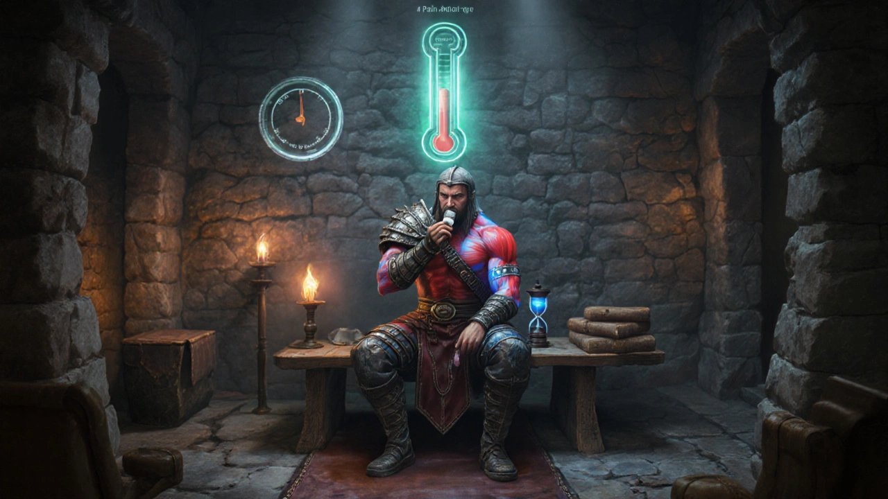 Warrior takes tablet, pain meter drops after one hour.