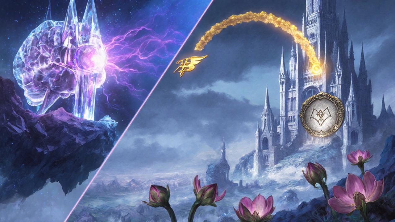 A floating brain tower sends light to a pituitary palace, with suppressed FSH and LH symbols and dormant ovaries below.