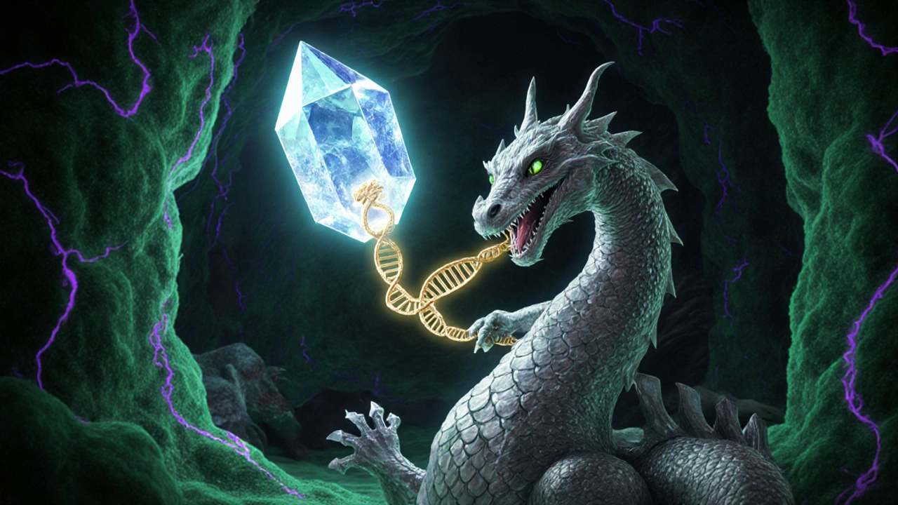 Aciviran crystal entering a liver cell cavern, halting a polymerase dragon's chain.