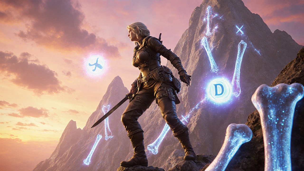 Adventurer climbs a bone mountain with calcium and vitamin D sprites at sunrise.