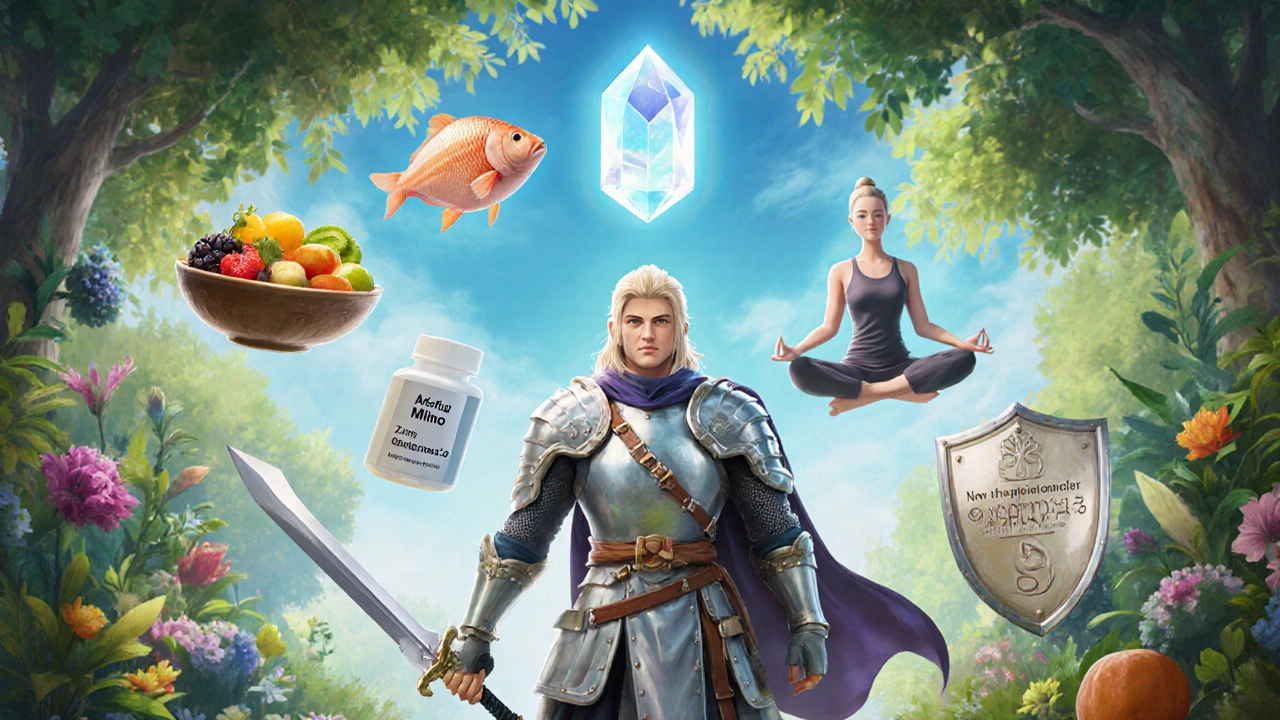 Adventurer surrounded by food, yoga pose, and potion symbols showing holistic acne regimen.