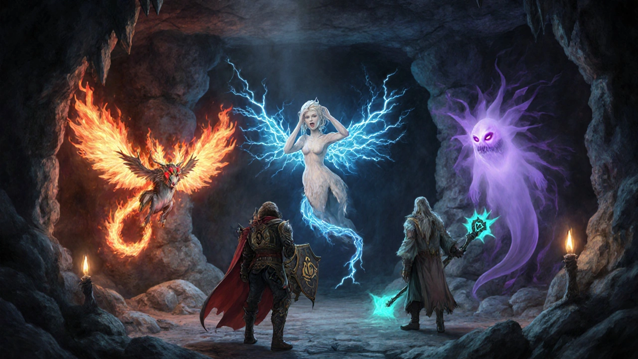 Adventuring party faces fiery Imp, electric Harpy, and misty Specter representing side effects.