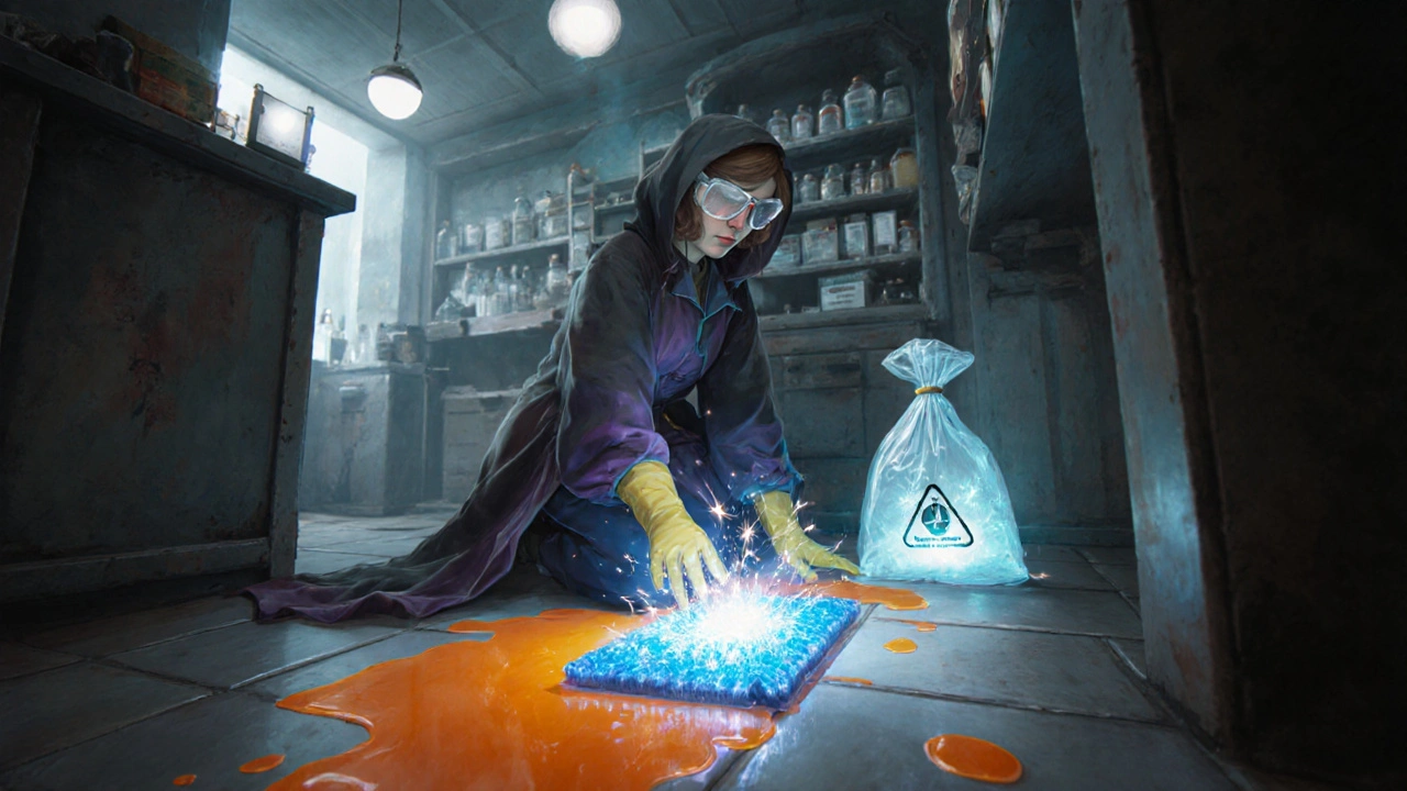 Alchemist in protective gear treats a bright orange chemical spill with glowing pads.