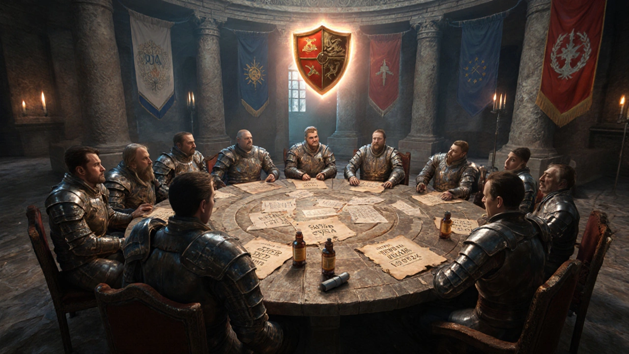 Armored doctors around a table reviewing success charts for Aciviran treatment.