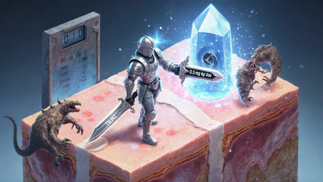 Armored hero slashing oil‑filled gland monsters inside skin, showing dosage.