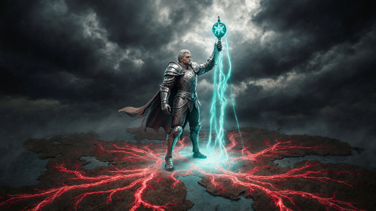 Armored hero uses Albulin talisman to widen constricted pulmonary arteries in RPG scene.